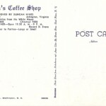 1940 Back of postcard showing the Evans Coffee Shop which stood on Lee Highway and later replaced by the Alpine Restaurant. The Evans family closed the coffee shop and opened the Evans Farm Inn in McLean. Thomas Collection