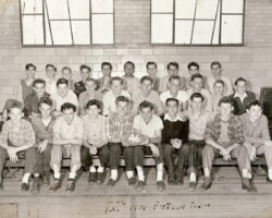 The 1946 Thomas Jefferson Junior High football team with co-captain Biff holding football on right.