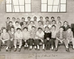 The 1946 Thomas Jefferson Junior High football team with co-captain Biff holding football on right.