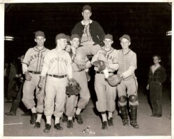 Some 1949 W-L baseball team members celebrating their 10-0 win over St. Johns from left to right: Biff Johnson CF, Eppie Riddle RF, Hal Beale 3b, Stan Monroe P, Klink Prince SS, and Jim Utterback C. Klink Prince was once a member at Washington Golf & Country Club in Arlington and along with John DeLuca developed the golf betting system known as the "DeKlink."