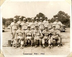 1952 photo of the local Virginia White Sox, a team in the Old Dominion League. It's believed this photo was taken on what used to be the lower baseball field at Yorktown High School, now a multi-use field. As exactly listed on the back of the photo, seated from left to right: B. Wallace (bat boy), D. Hillenbrand, S. Speaker, L. O'Neill, D. Haislip. Standing left to right: B. Hillenbrand, S. Sheffield, D. Thomas, G. Freisem, P. Johnson, Lacovey, B. Johnson, F. Tuthill (Mgr.), S. Lanham, and D. Druckenmiller. Not pictured are B. Reed and R. Horning.