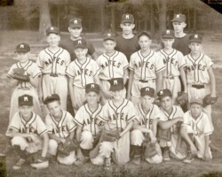 This appears to be the 1953 Mates team and here is exactly how the names are listed on the back. Note Bobby Rimmer was my junior year football coach at Washington-Lee. Back row: Coaches Jim Kilby, Biff Johnson, and Jackie Johnson. Middle row: Baxter Lemmond, Buddy Peterson, Birt Webley, Dick Barrazotta, Billy Bridgeman, Oliver Easterwood, and Ray Williams. First row: Ray Defrees, Butch Richardson, Bobby Rimmer, Jerry Francis, Danny (Cotten) Wilson, Vance Fabella, and bat boy Roger Cook.