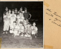 By this time, Biff (rear left) had moved on to coaching since his father-in-law, shown in the back with a tipped cap, asked him to run his team, the Mailander Mates. The name of the team came from its owner's name, John "Mate" Mailander.