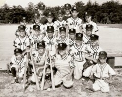 The clarity of this 1954 team photo is outstanding and shows former Washington Redskins linebacker Chris Hanburger standing as the tallest kid in the back row. Biff said he was lucky that the Little League Commissioner notified him there was a new kid in Arlington who wanted to play baseball so he agreed to take on the left-handed pitcher. Biff is standing behind the future NFL Hall of Famer. My research shows that Hanburger's father was in the military and they lived for a short time in the Arlington Forest neighborhood.