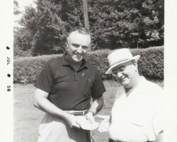 1958 Arlington developer Tom Broyhill joking with Brick Wood at WGCC