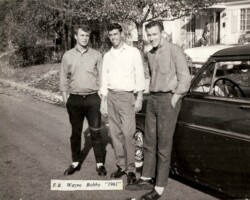 1961 E.B. Hutton, Wayne Hager, and Bobby Turley in front of Wayne's house.