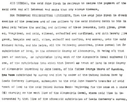 A county transcribed copy of the deed for the property purchased by John T. Birch in 1842. Today, the Rosslyn land is better known for the setting of the Iwo Jima Memorial and Netherlands Carillon.