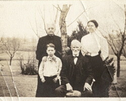 This photo was taken about 1910 and includes four family generations: William J.R. Birch, seated, his daughter Margaret Johanna Birch Veitch (in black), her daughter Julia Veitch Thomas, and Julia's son Homer R. Thomas. Homer was born in 1903 and appears to be about seven years old in this photo.